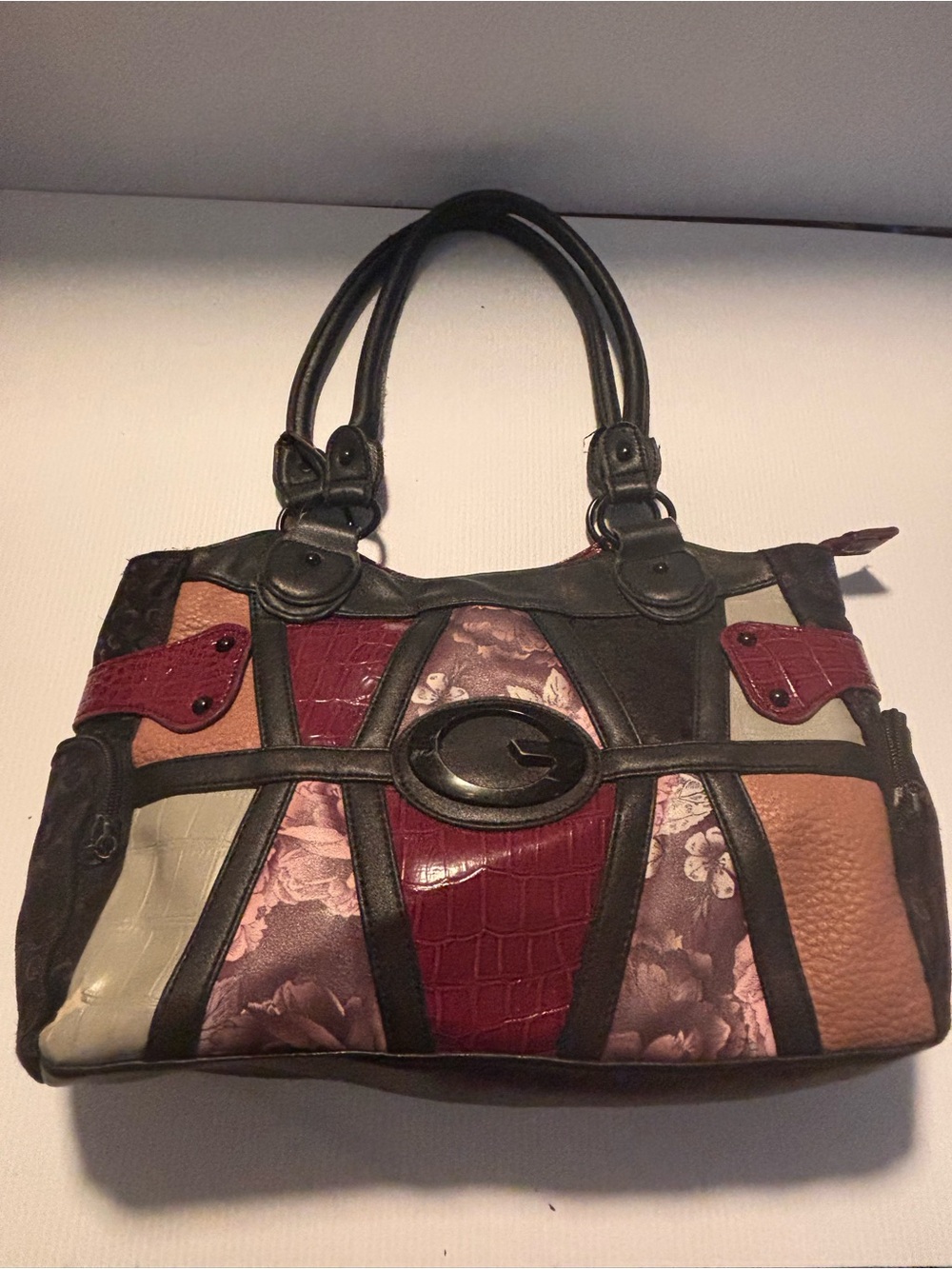 GUESS Y2K Patchwork Floral Mock Croc Shoulder Bag Tote Black Burgundy